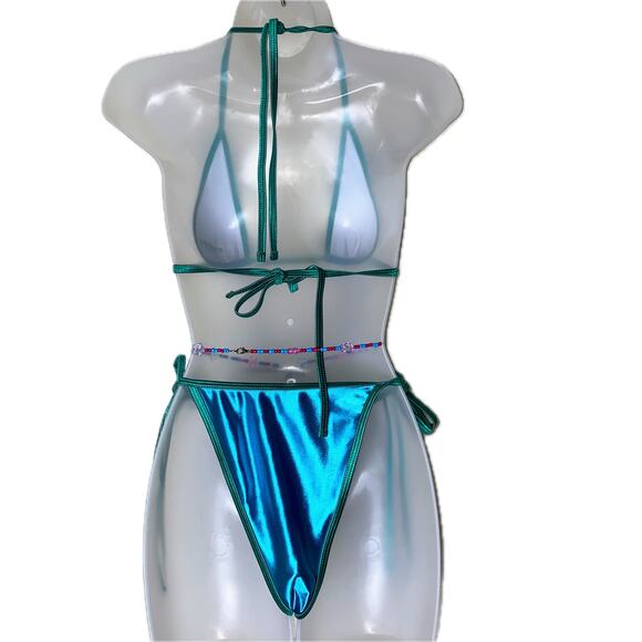 New Large Triangle Bikini with Waist Beads Charms Contrast Trim Micro Mini Beach - Picture 4 of 5